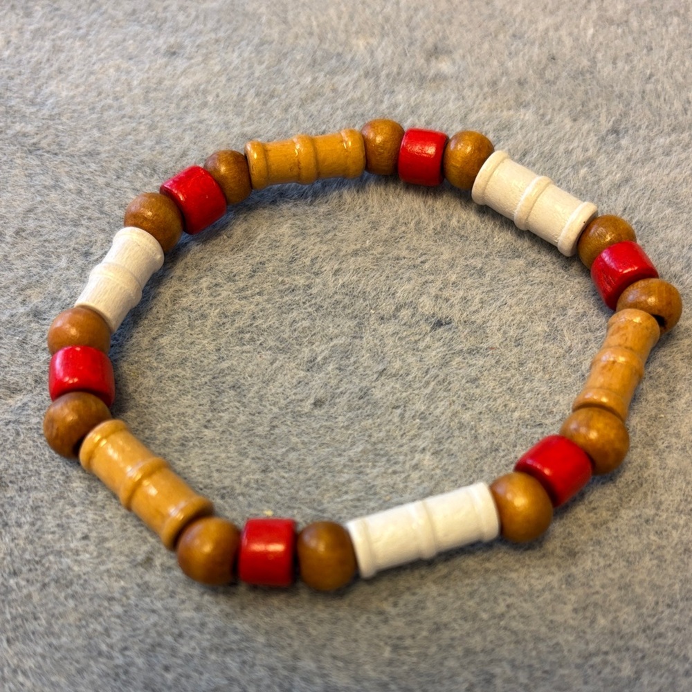 Hand Crafted Wooden Beaded Bracelet - Red, White, Brown